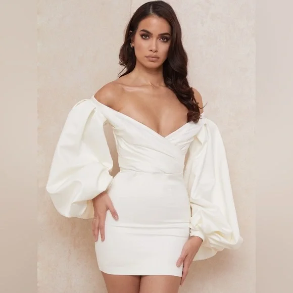 House of CB “Carlyn” Ivory satin balloon sleeve mini Dress